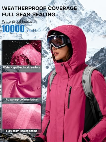 FREE SOLDIER Women's Waterproof Ski Snow Jacket Fleece Lined Warm Winter Rain Jacket with Hood Fully Taped Seams