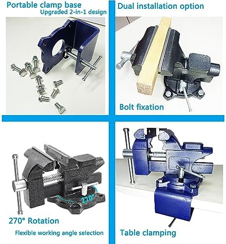 MYTEC 2-In-1 Bench Vise Heavy Duty for Workbench, 6.0" blue, Upgraded Multi-Purpose Table Vice, Universal Rotate 270°Work Clamp-On Vise