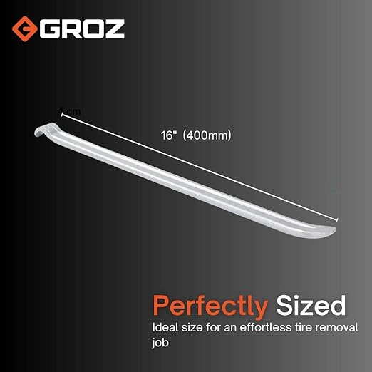 Groz Tyre Lever 16", Forged Carbon Steel with Nickel-Plated Finish, Straight Pattern with Hook & Taper for Motorcycle, ATV, Dirt Bike, Bicycle and Trailer Tire Changing (33180)