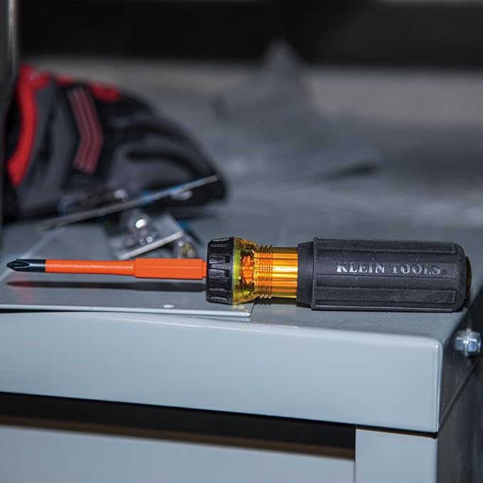 Klein Tools 32293 Insulated Screwdriver, 2-in-1 Screwdriver Set with Flip Blade, #2 Phillips and1/4-Inch Slotted Tips, Double-Ended Blades