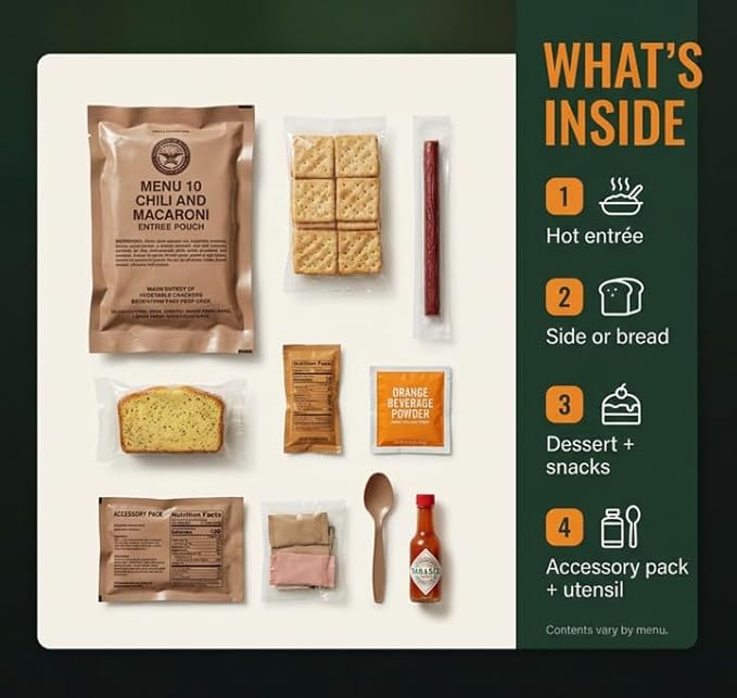 2026 Inspection MRE, U.S. MRE Meals, Emergency Supplies, Emergency Food Supply, Survival Food, Freeze Dried Food w/Flameless Heater, Ready Meals (Variety Pack of 24) – (A & B Case Fresh Stock) MREs have 10 Year Shelf Life From Inspection Date