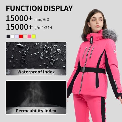 Womens Ski Jacket Fitted Snow Coat with Belted Fur Hood