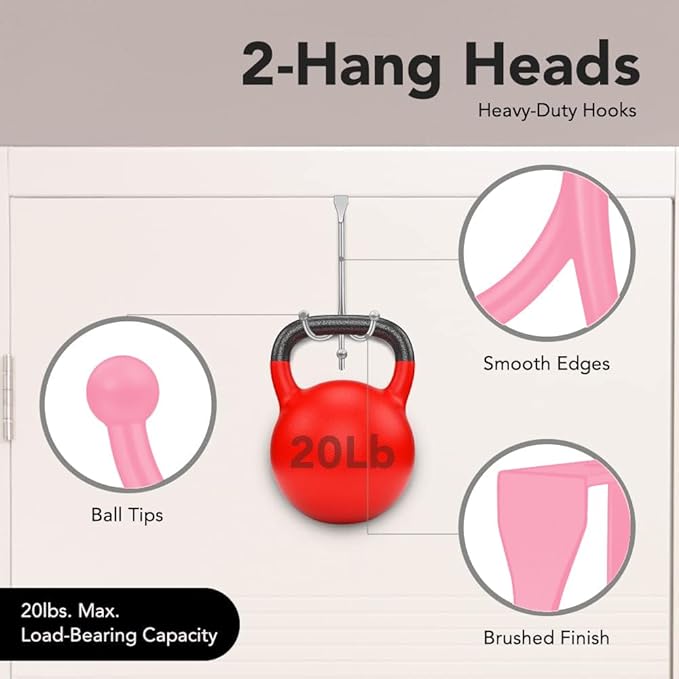 2-Pack Over The Door Hooks - with 2 Hang Heads & Snug Fit Pads Heavy Duty Hook for Hanging Coats, Towels, Caps & Robes - Elegant Matt Finish - No Drill Hanger Organizer - White