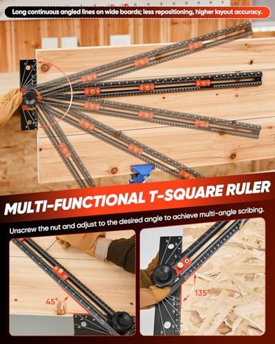 Saker 4-in-1 Scriber Marking Line Ruler, 29.5in Spliceable Extended T Square with Pencil, Precision Line Drawing & Drilling Positioning Tool, Cabinet Hardware Jig with Angle Adjustment for Woodworking
