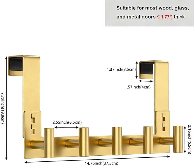 PMMASTO Over The Door Hooks, Fits 1-3/4" Thick Door No Drill Hooks for Closet Bathroom Bedroom Organization, Hanger for Coat Towel Robe (Gold, 5 T-Hooks)