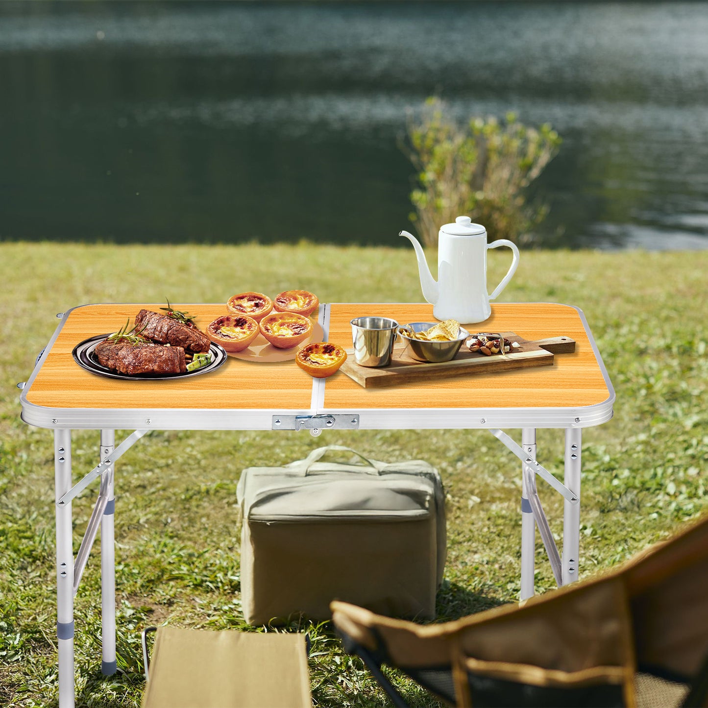 3ft Wood Grain Outdoor Folding Table Aluminum Alloy Rectangular 50kg Two Fold Tabletop