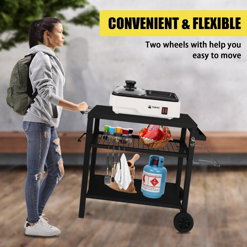 All Black Iron Movable Barbecue Cart With Mesh Basket