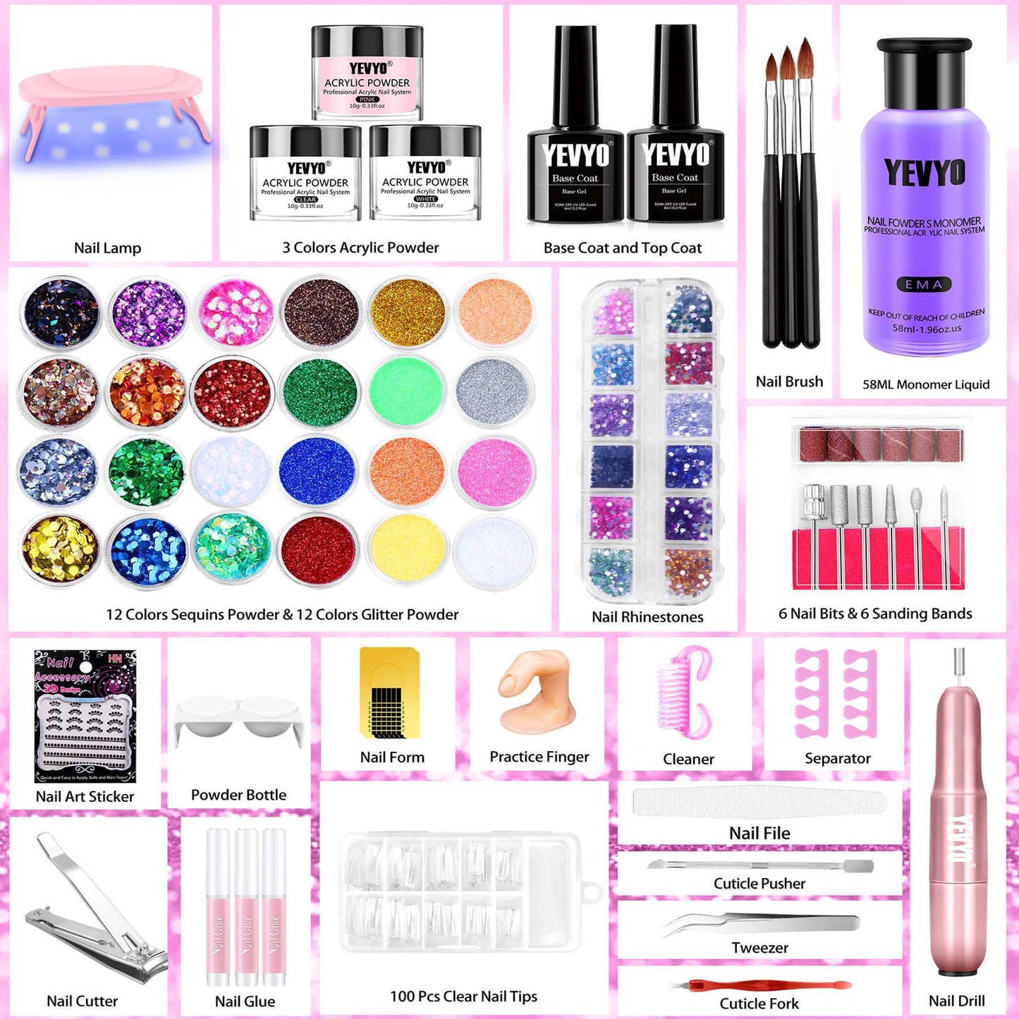 Acrylic Nail Kit With Drill And UV Light, 24 Glitter Colors Acrylic Powder