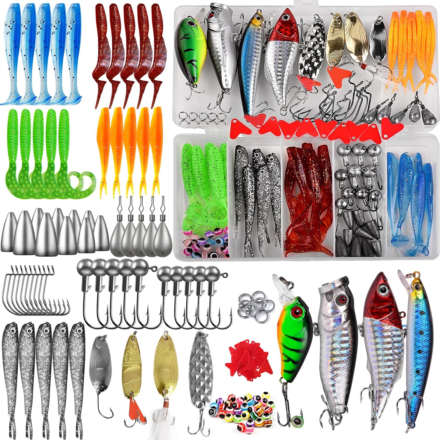 Fishing Lures Tackle Bait Kit Set - Comprehensive Fishing Lures Kit for Trout Bass Salmon - Includes Plastic Shrimp Worm Bait Spoon and Crankbait Jigs (108)