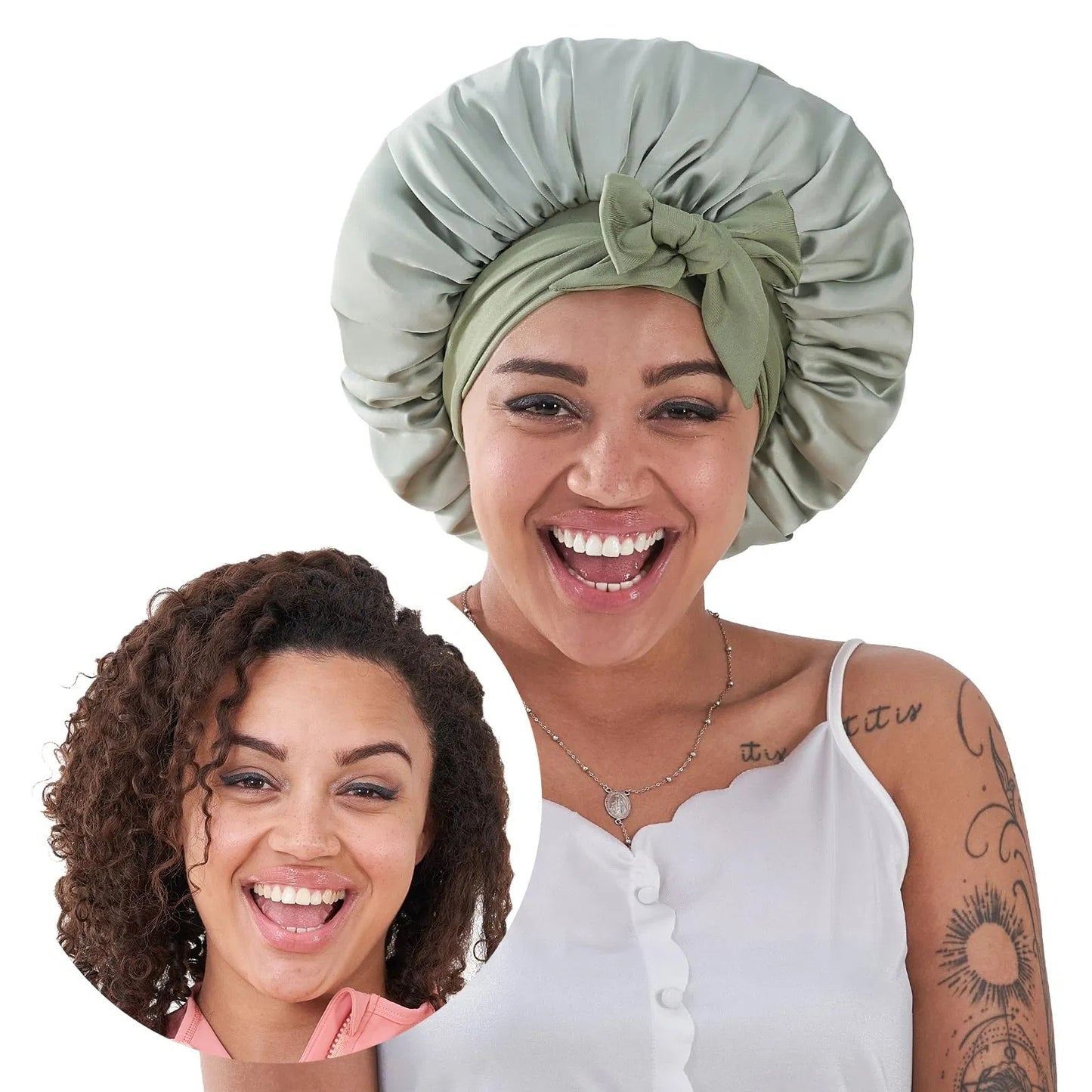 就寝用シルクボンネット（女性用）、就寝用サテン製ヘアボンネット（波状、巻き毛、天然パーマの女性・男性向け）- グリーン