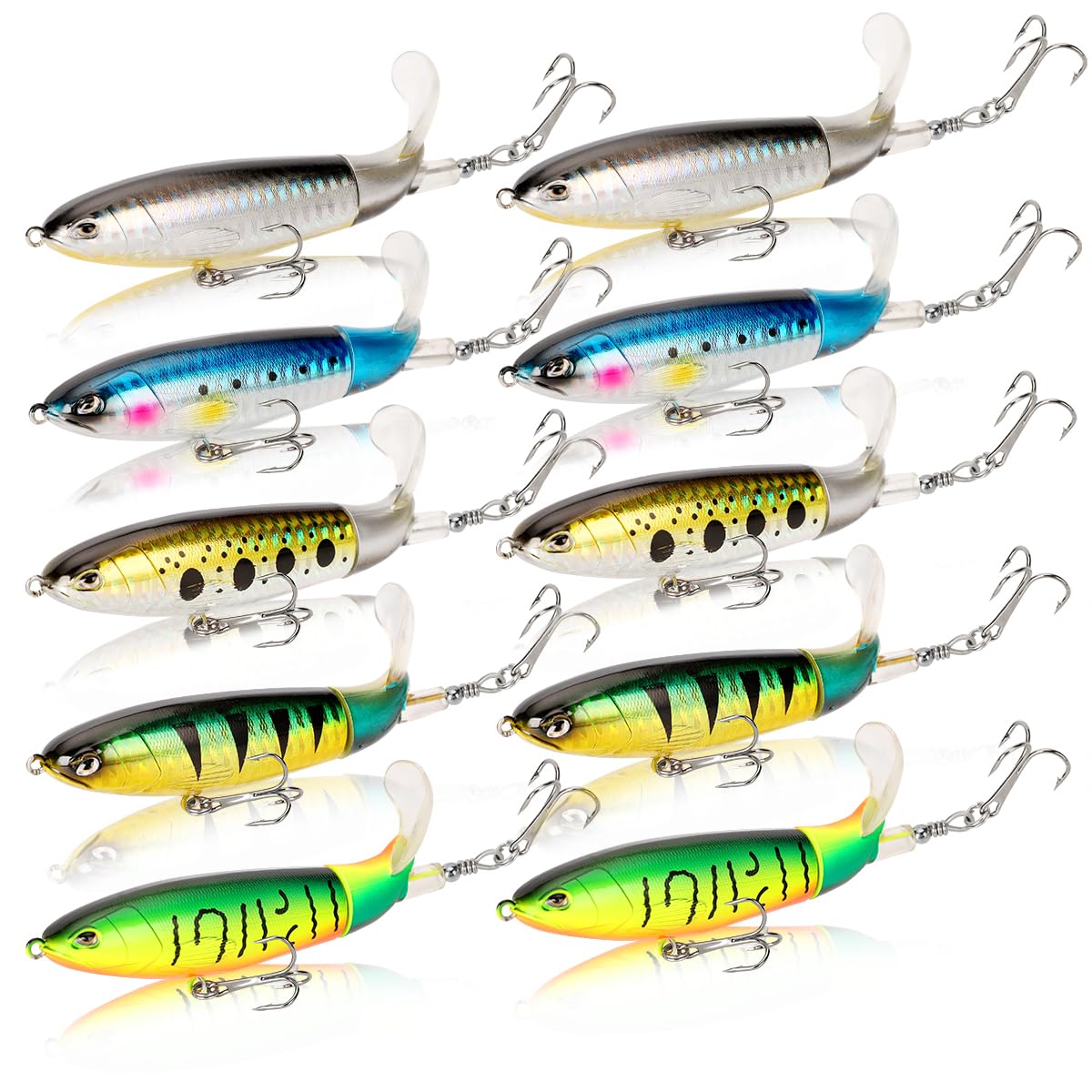 CastWisp 10pcs Topwater Fishing Lures Kit Floating Lures with Rotating Propeller Tail for Splashing Action Bass and Trout Fishing Lures for Freshwater and Saltwater (B-3.9in/0.56Ounces 10PCS)