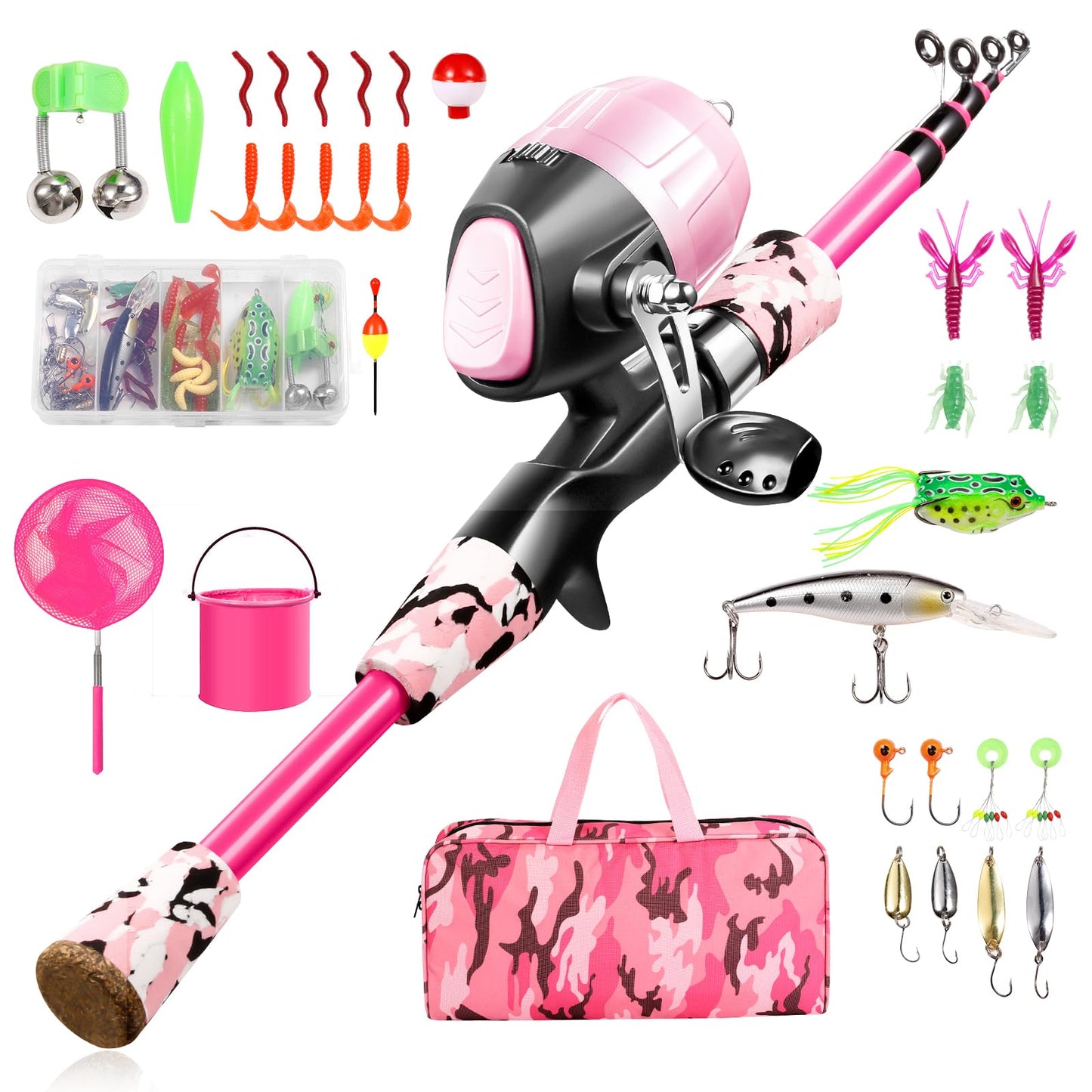Gamashino Kids Fishing Pole - Portable Telescopic Fishing Rod Reel Combo with Spincast Reel and Tackle Box Net for Children (Pink4.92 + Net)