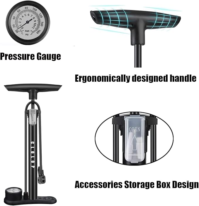 CLOLOP Bike Floor Pump with Gauge, Bike Tire Inflator, Air Pump, Bike Pump with Dual Presta & Schrader Valve Head, Bicycle Air Pump, Ball Pump for Road Bike, Mountain Bikes, Balls