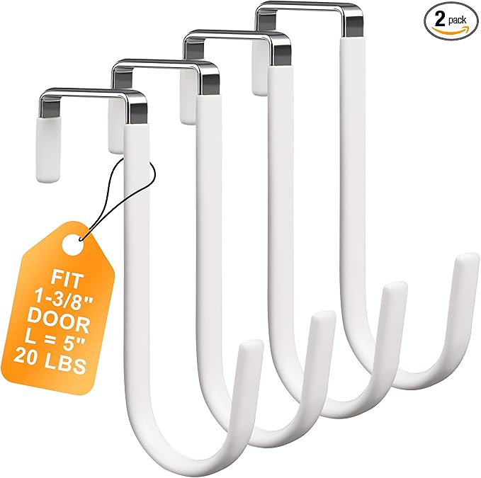 Over The Door Hooks 4 Pack – Rubber Coated Door Hanger for Hanging Clothes, Coats, Towels, Bags – No Drill Over The Door Towel Rack, Hooks for Hanging, Dorm Essentials, Closet Organizer