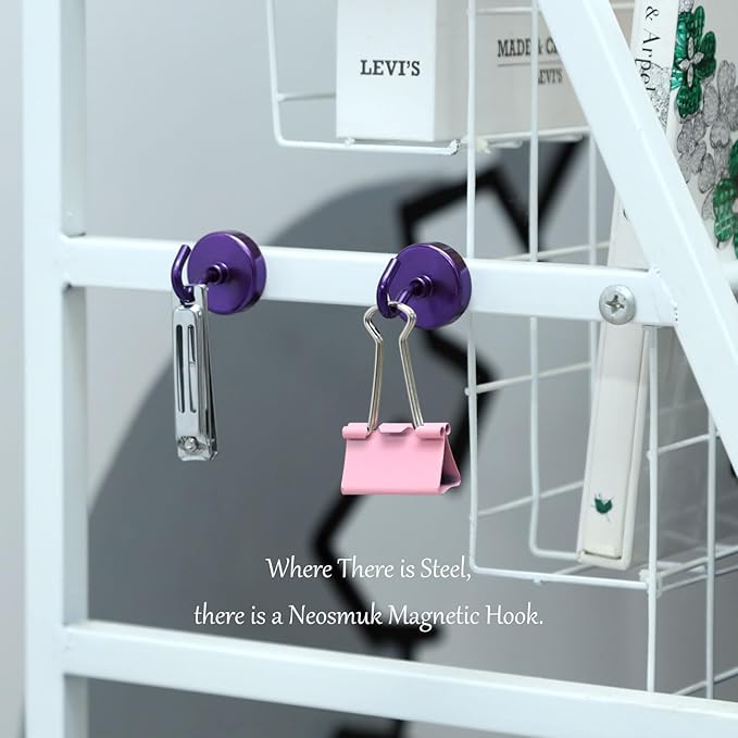 Neosmuk Magnetic Hooks, Heavy Duty 85lb+ Strong Magnet Hook for Cruise Cabins, Cruise Ship Essentials for Hanging, Metal Wall Refrigerator Hangers (Purple, 10 Pack)