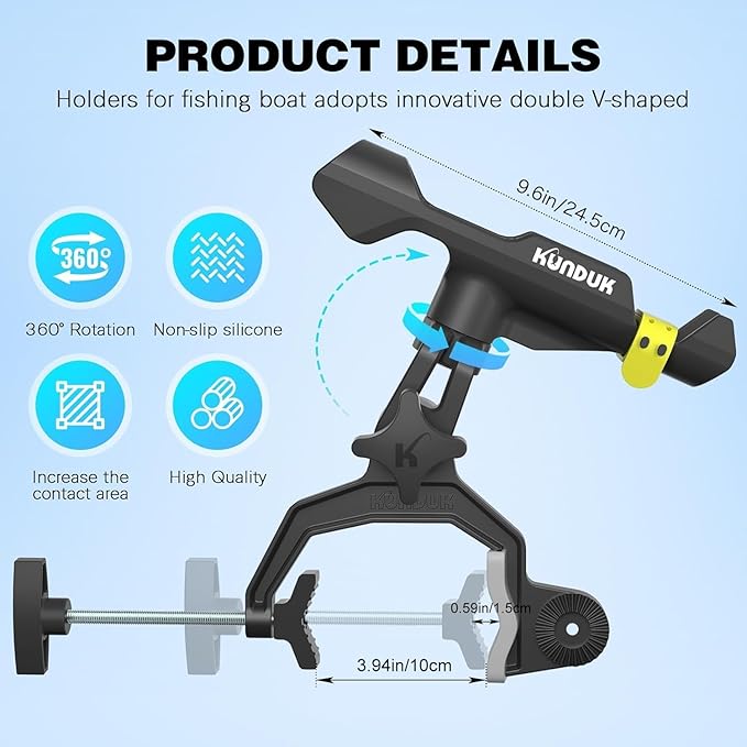 Upgraded Fishing Rod Holder with Button-Lock 360° Dual Rotation,Universal Silicone Strap & Enlarged V-Clamp Fits Round/Square Tubes,Secure Adjustable Boat Fishing Gear for All Rod