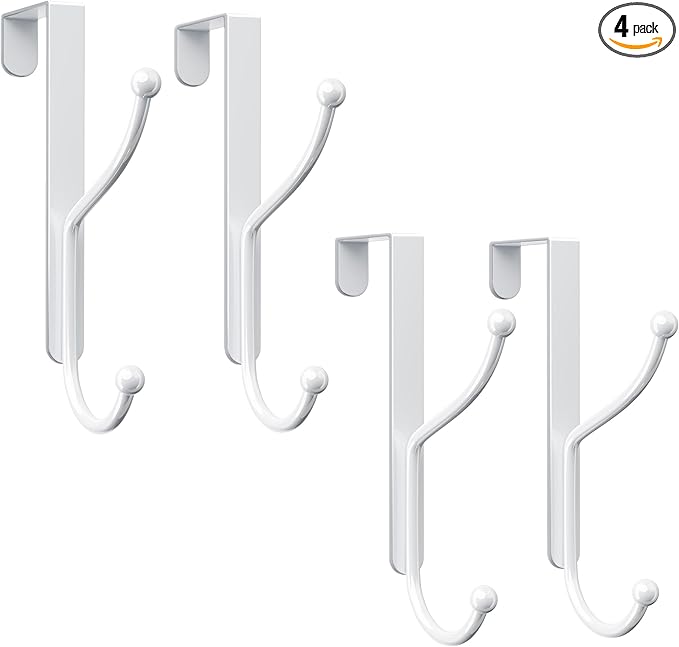 niffgaff Over Door Hook 4-Pack, Heavy Duty Door Hanger, Fits Interior Doors 1.4 Inches Thick, Organize Coats, Hats, Towels, and Bags for Entryways, Bathrooms, Bedrooms, and Kitchens, White