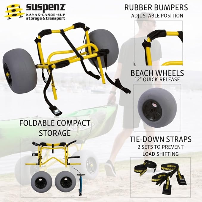 Suspenz Kayak Beach Cart Trailer, DLX Canoe Trolley with Balloon Wheels Sand Tires and Straps, Yellow, Flat Platform, 22-7044
