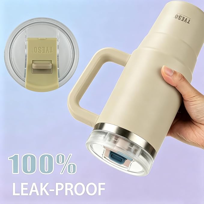 TYESO Vacuum Insulated Tumbler Water Bottle Cold Insulation Stainless Steel Bottle Straw Handle Mug Double Wall Wide Mouth (KHAKI, 40 oz)
