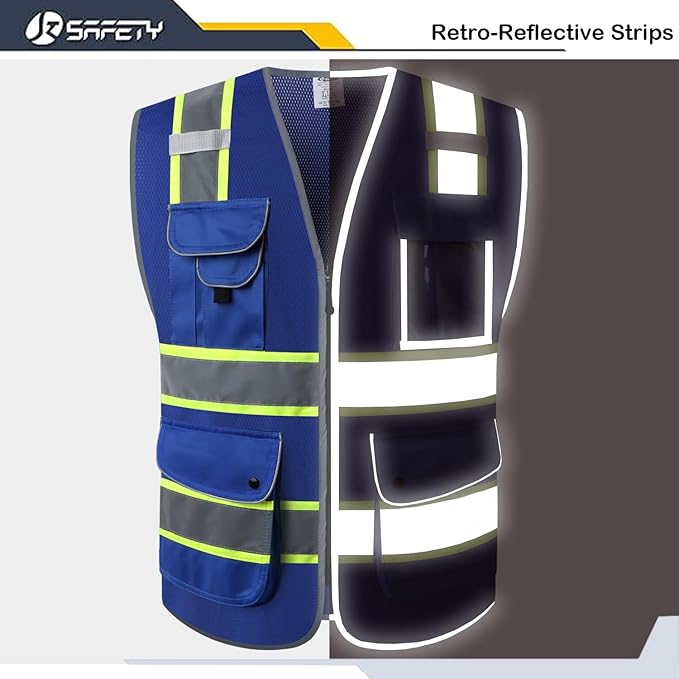 JKSafety 9 Pockets High Visibility Zipper Front MESH Blue Safety Vest | Blue with Dual Tone High Reflective Strips | ANSI/ISEA Standards (100-Blue, 3XL)