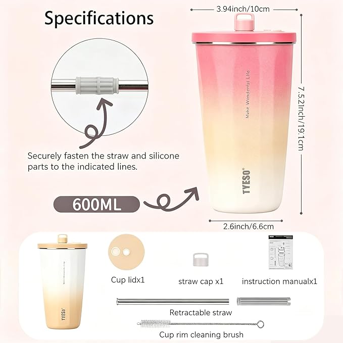 TYESO Stainless Steel Coffee Bottle, 20oz Wide Mouth Travel Coffee Cup with Straw, Vacuum Insulated Stainless Steel Tumbler, Hot & Cold Thermal Mug for Home Office Outdoor, Pink