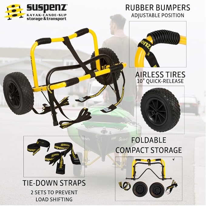 Suspenz Kayak Canoe Trailer Cart, Heavy Duty Kayak Transport Dolly with Airless Wheels, Yellow, 22-6699