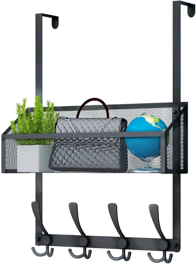 Over The Door Hooks Organizer, Coat Rack Over The Door Storage Hanger Towel Rack, Back of Door Storage Organizer for Bathroom,Bedroom,Kitchen,Office (Black, 2-Tier)