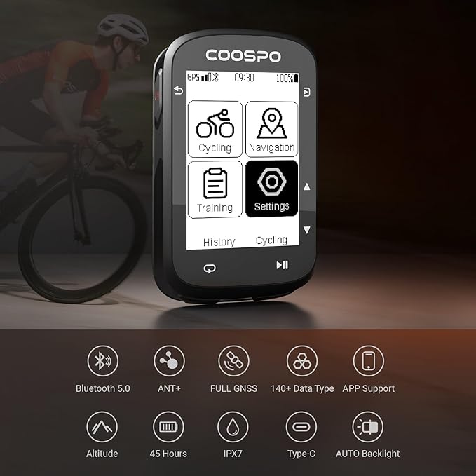 COOSPO CS500 Bike Computer Wireless, 2.6 Inch LCD GPS Cycling Computer with Route Navigation, Bluetooth5.0 ANT GPS Bicycle Speedometer with Auto-Backlight, Support Bike Radar & 45H Battery Life