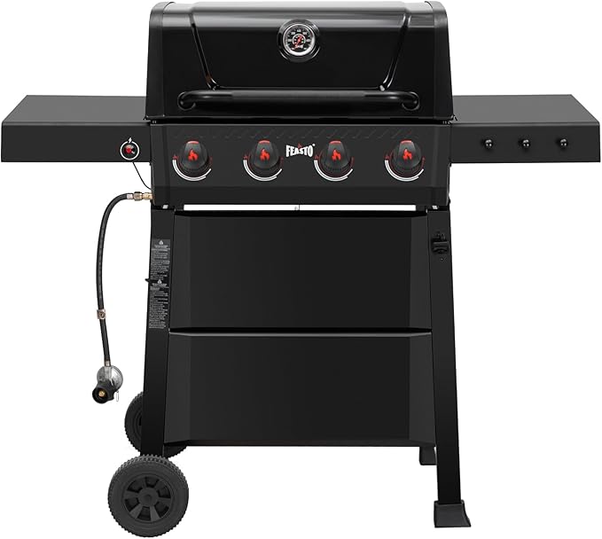 4 Burner Gas Grill, 36,000 BTU Outdoor BBQ Grill with Side Table for Outdoor Cooking & Backyard Barbecue, Premium Enameled Coated Chamber Body with Porcelain-Enameled Grates, Black