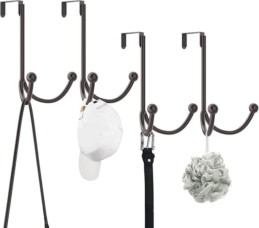 HFHOME 4Packs Over The Door Double Hanger Hooks, Metal Twin Hooks Organizer for Hanging Coats, Hats, Robes, Towels- Brown