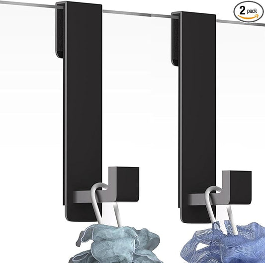 Shower Door Hooks, Heavy Duty Rack Hooks for Robe, Stainless Steel Towel Hooks for Bathroom, Fits Frameless Glass Shower Doors up to 3/8" (10mm) Thick (Black, 2 Pack)