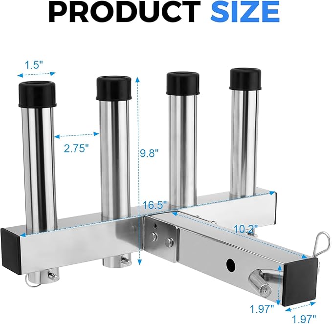 SPARKWHIZ Hitch Fishing Rod Holder, Stainless Steel Hitch Mount Rod Holder, 4 Link Tube for 2" Hitch Receivers with Quick Release Pin,Truck Adjustment Fishing Rod Rack, Fishing Pole Holder