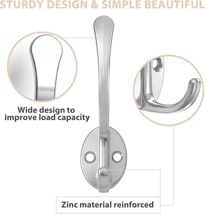 10 Pack Coat Hooks Wall Mounted with 20 Screws, Heavy Duty Silver Towel Hooks Metal Double Hooks, No Rust Retro Rustic Wall Hooks for Hanging Towel, Coat, Scarf, Bag, Hat, Cup, Key