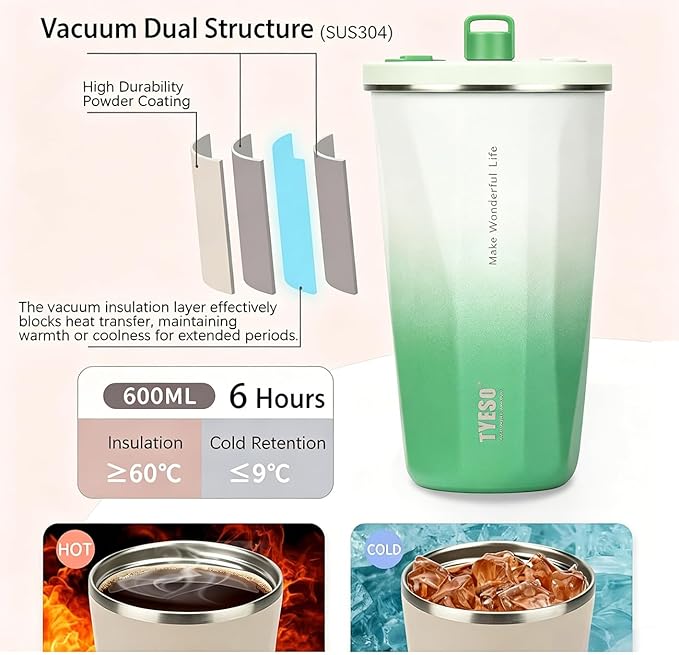 TYESO Stainless Steel Coffee Bottle, 20oz Wide Mouth Travel Coffee Cup with Straw, Vacuum Insulated Stainless Steel Tumbler, Hot & Cold Thermal Mug for Home Office Outdoor, Green