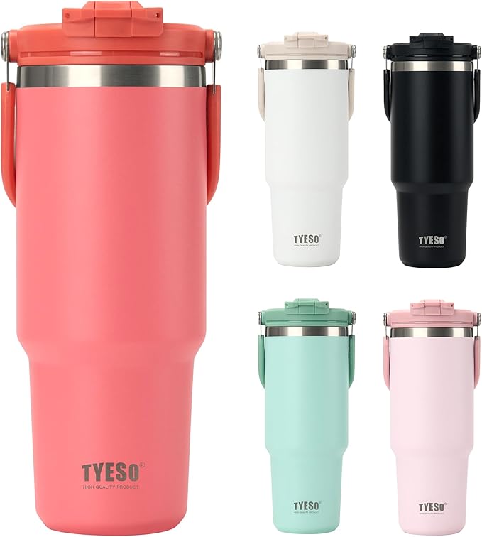 TYESO Tumbler with Flip Straw & Sip Lid, Vacuum Insulated Water Bottle, Double Wall Stainless Steel Coffee Cup Travel Mug Leak Proof (DARK-PINK, 30 OZ)