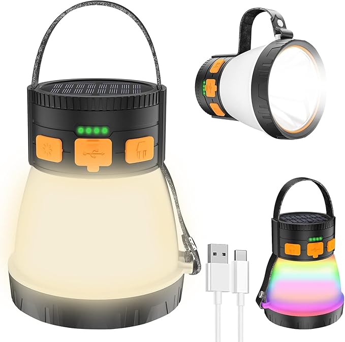 LEDキャンプランタン2個パック、1500ルーメン充電式ソーラーパネル充電、防水、8つの点灯モード、7500mAhパワーバンク、ハリケーン緊急時、アウトドア用キャンプ懐中電灯
