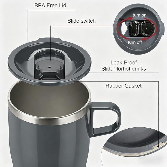 TYESO Coffee Mug,Insulated Tumbler with Lid,Vacuum Insulated Mug Double Wall Stainless Steel OfficeTumbler Cup (Gray, 13 oz)