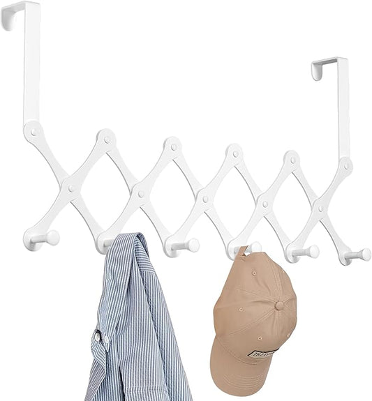 Expands Over The Door Hook Rack, Heavy Duty No Drill Hooks for Bathroom, Bedroom, Kitchen, Closet - Over The Door Hanger for Towels, Robes, Bags, Coats(White)