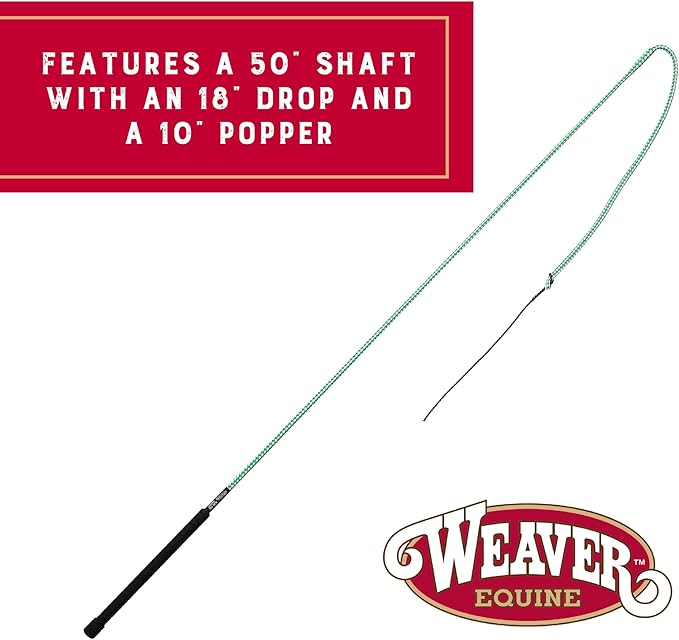 Weaver Equine 50" Stock Whip Horse Training Whip With Comfort Grip Rubber Handle, Horse Control, Show Ring Competition Accessory, ‎Green/White