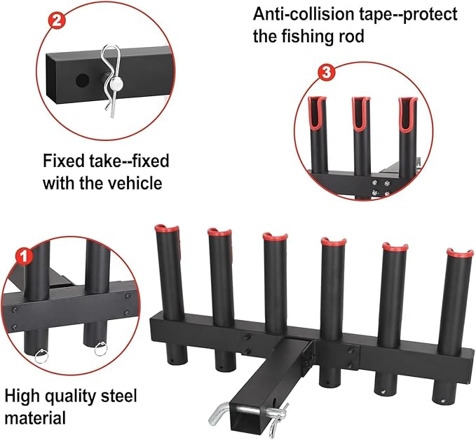 Hitch Fishing Rod Holder for Truck, 4/6-Tube Stainless Steel Rod Rack Fits 2 " Hitch Receiver, with Quick Release Pin, Reflective Safety Strips