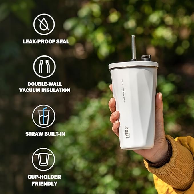 TYESO Stainless Steel Tumbler with straw inside Stainless steel wide-mouth vacuum insulation home office outdoor multi-color thermal insulation and cold insulation cover with 20oz (White, 20 oz)