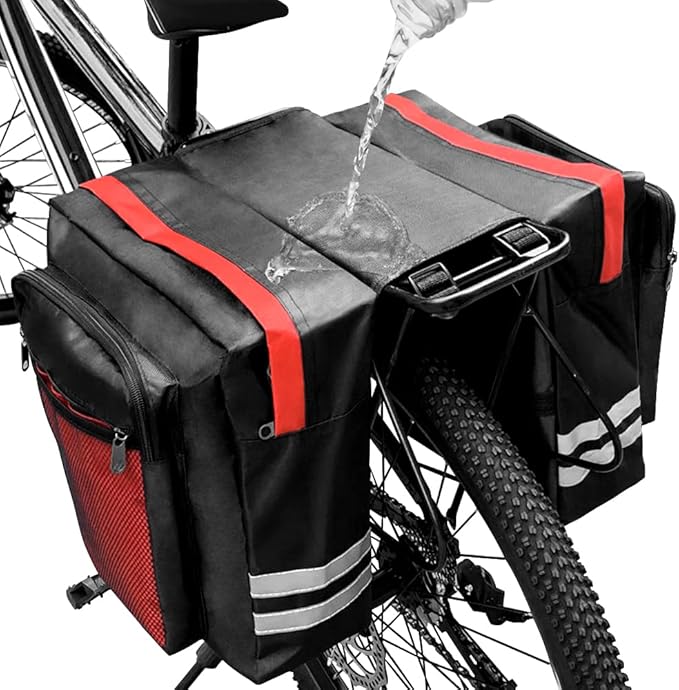 Bike Rear Rack Double Pannier Bag, 30L Waterproof Bicycle Trunk Bag, Bike Pannier Bag with Reflective Trim, for Grocery Shopping Commuter Long Cycling Trip (Red)