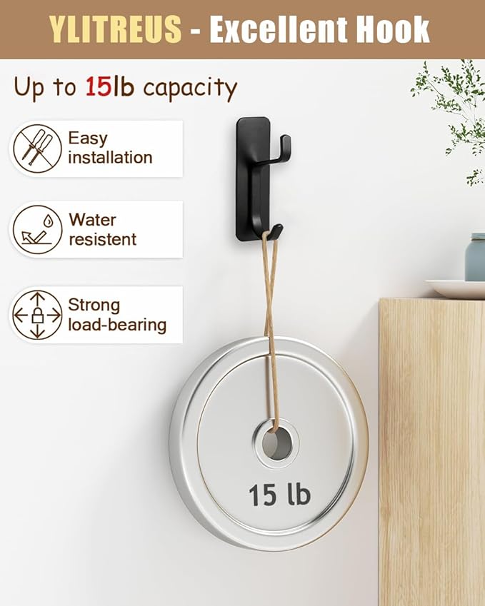 Self Adhesive Wall Hooks, 6 Pack Coat Hooks Wall Mount Heavy Duty Stainless, Double Extra Stick On Towel Hook for Bedroom Kitchen, Over The Door Hook for Hanging Key Hat Backpack (Black)