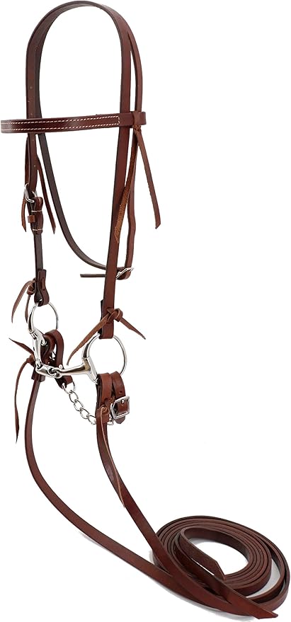 Jeereal Working Tack Browband Bridle with Single Cheek Buckle Includes Stainless Steel 5" Eggbutt Snaffle Bit,5/8" x 7' Split Reins and Leather Single Flat Link Chain Curb Strap