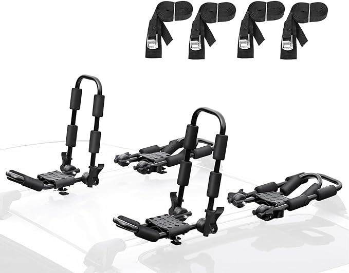 Leader Accessories Folding Kayak Rack 4 PCS/Set J Bar Car Roof Rack for Canoe Surf Board SUP On Roof Top Mount on SUV, Car and Truck Crossbar with 4 pcs Tie Down Straps