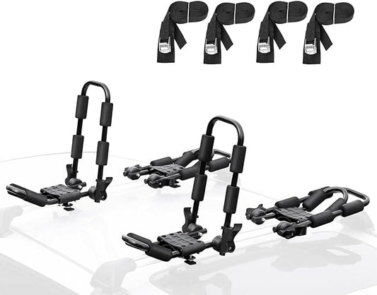 Leader Accessories Folding Kayak Rack 4 PCS/Set J Bar Car Roof Rack for Canoe Surf Board SUP On Roof Top Mount on SUV, Car and Truck Crossbar with 4 pcs Tie Down Straps