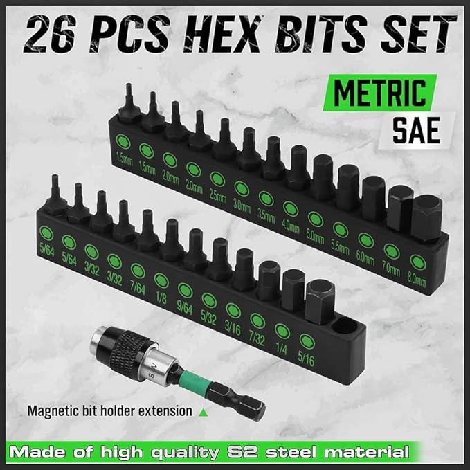 SWANLAKE 26-Piece Hex Head Allen Wrench Drill Bit Set, 1/4" Hex Shank Quick Change Bit Holder, Metric (1.5mm - 8mm) and SAE (5/64" - 5/16"), S2 Steel Hex Bits Set