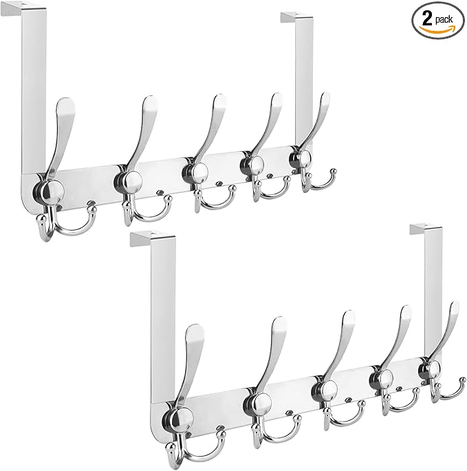 TICONN Over The Door Hooks, 5 Heavy Duty Tri Coat Rack All Metal Coat Hanger for Bathroom Bedroom Dorm (Chrome, 2PK, Fit 1-3/8" Doors)