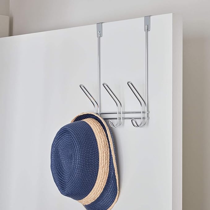 iDesign Classico Metal Over the Door Organizer, 3-Hook Rack for Coats, Hats, Robes, Towels, Jackets, Purses, Bedroom, Closet, and Bathroom, 5" x 8.2" x 12.5", Chrome