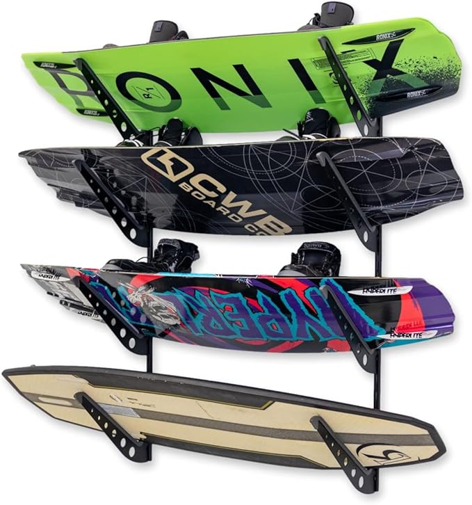 StoreYourBoard Adjustable Wakeboard Storage Rack – Wall Mount 4 Level Display, Heavy Duty Water Sports Gear Hanger for Wakeboards, Wakesurf Boards, and More, Holds up to 100 lbs